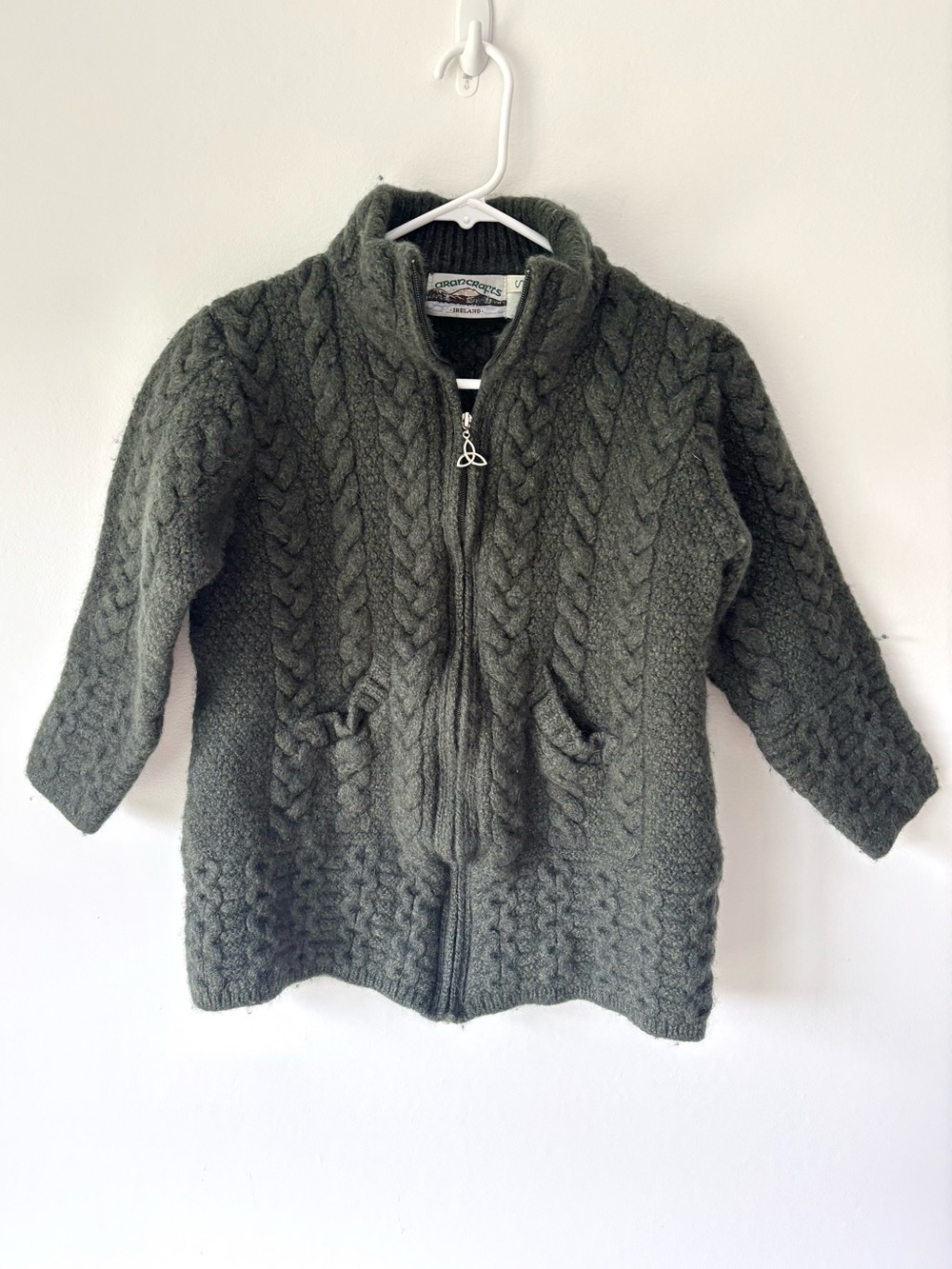 Aran Crafts Army Green Ireland 100% Irish Merino Wool Front Zip Chunky Sweater